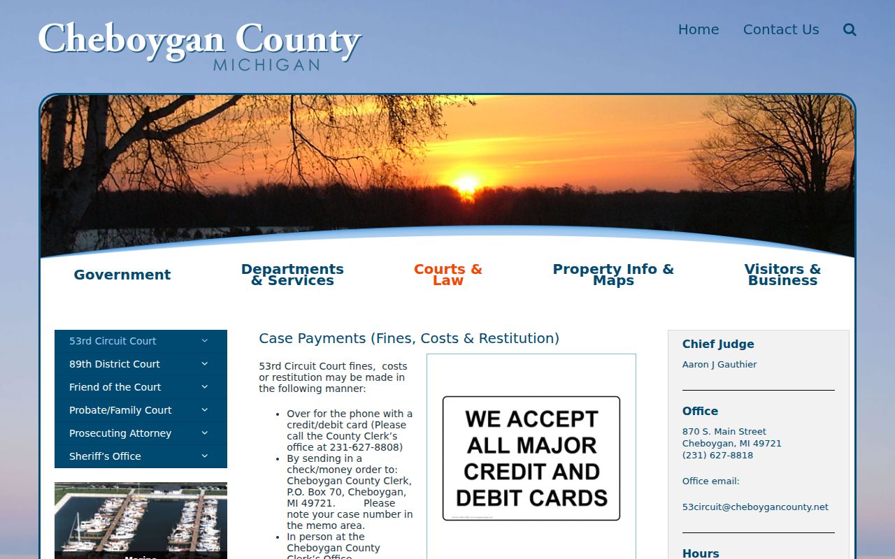 Cheboygan County court payment instructions showing a separate Circuit Court record channel