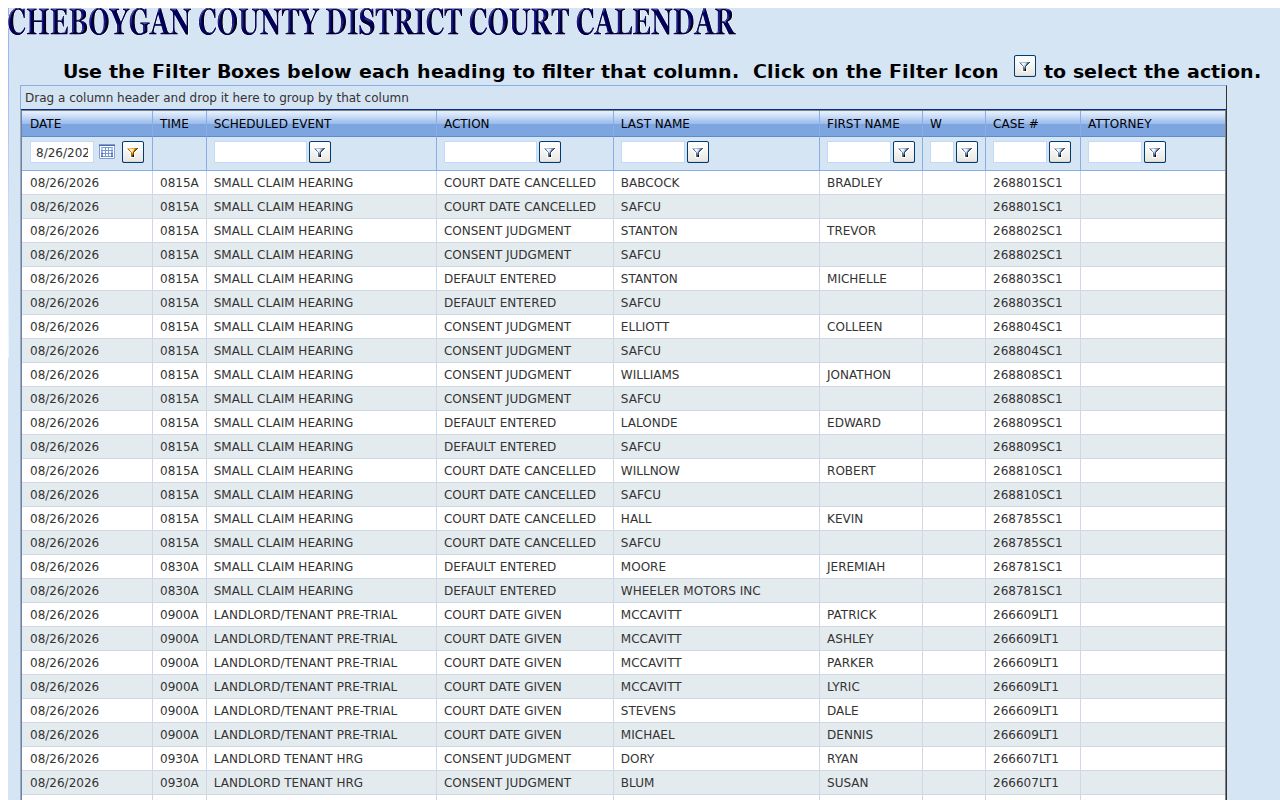 Cheboygan County court calendar search for the 89th District Court