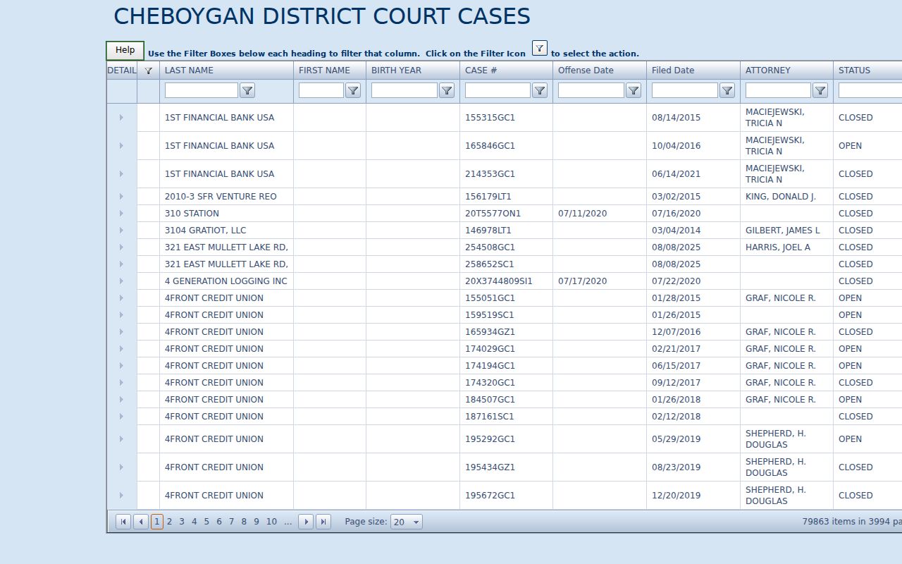 Cheboygan criminal docket 89th District Court Cases portal