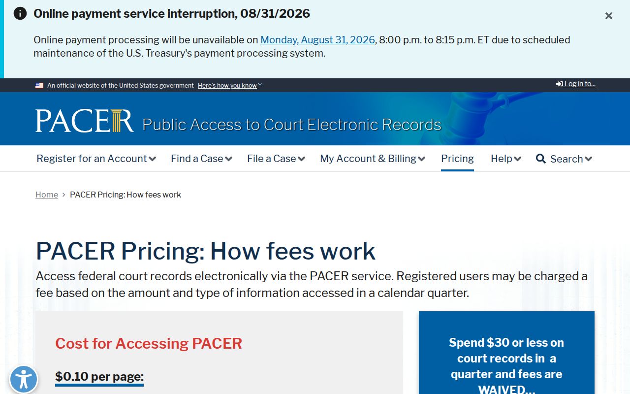 Cheboygan County case search PACER federal docket fee information